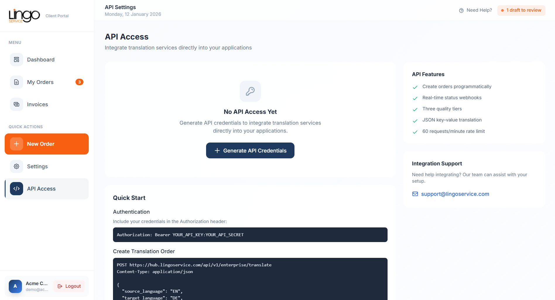API access page showing authentication examples and code snippets for integration