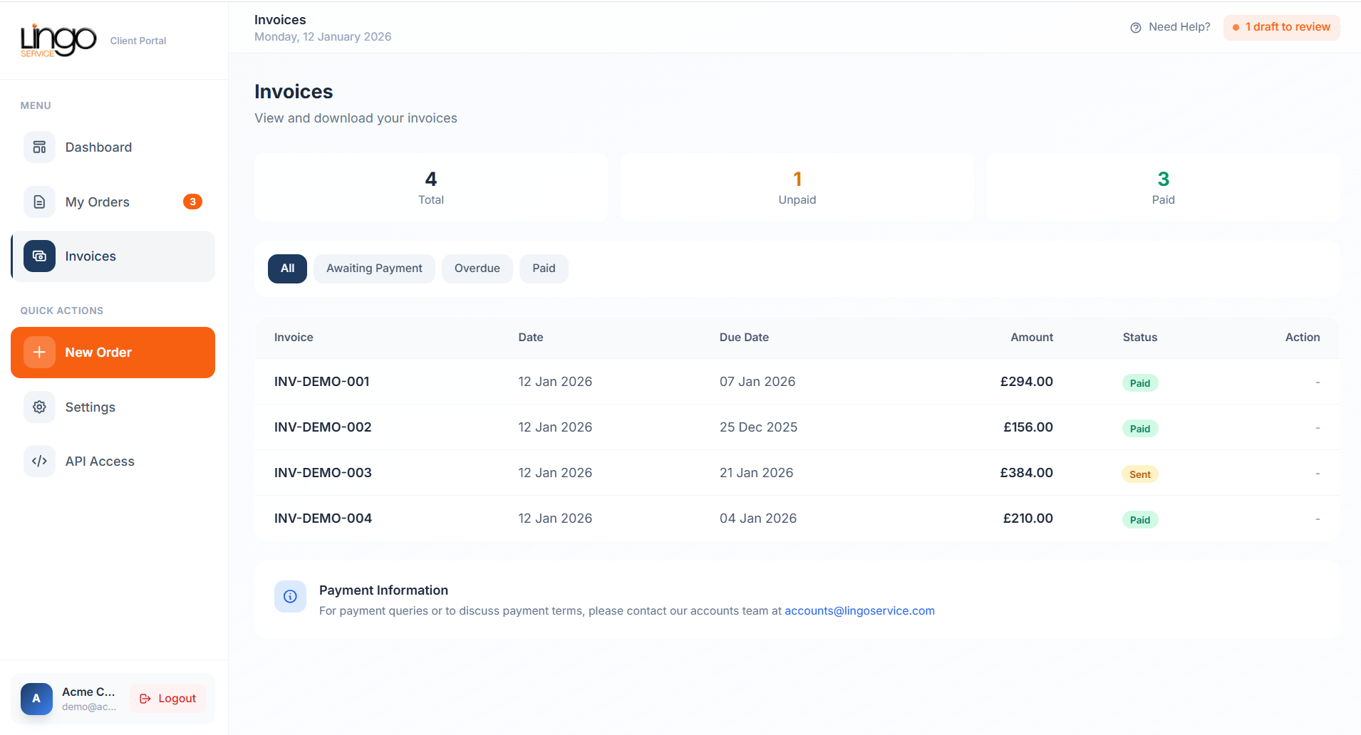 Invoice management page showing invoice list with payment status, amounts, and download options